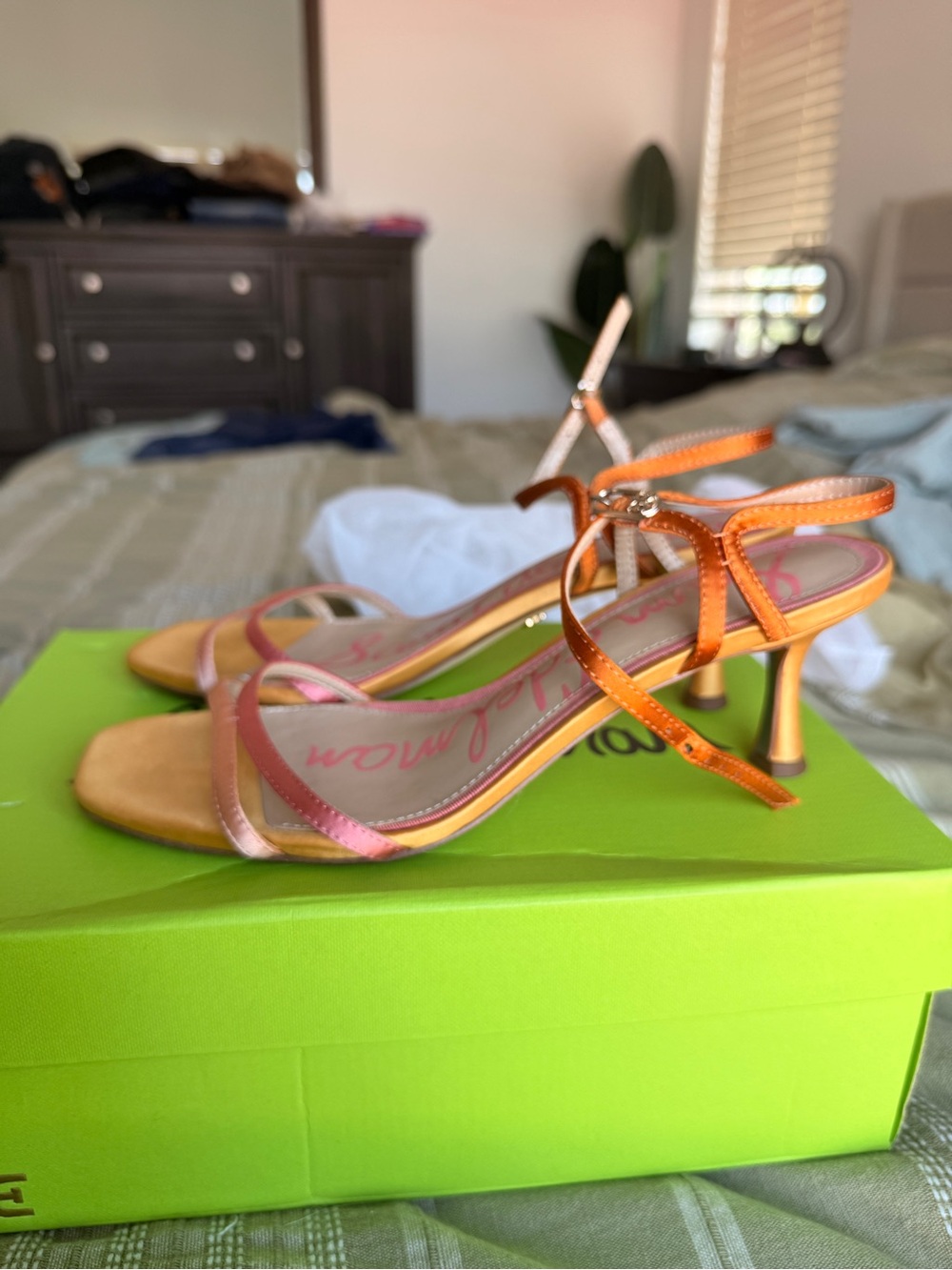 Sam Edelman Presley satin Ankle Strap Kitten heels Pink/Orange - Picture 7 of 9
